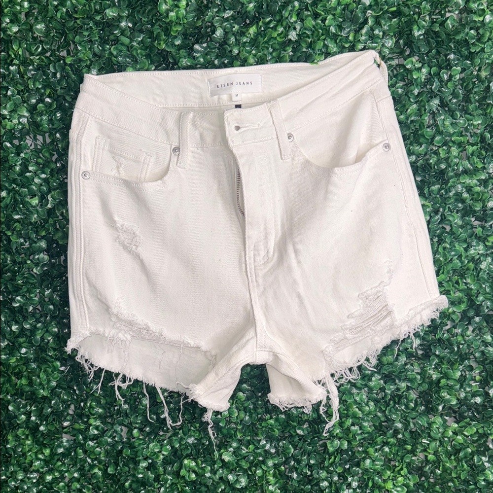 Aisen Jeans White High-Rise Distressed Denim Shorts